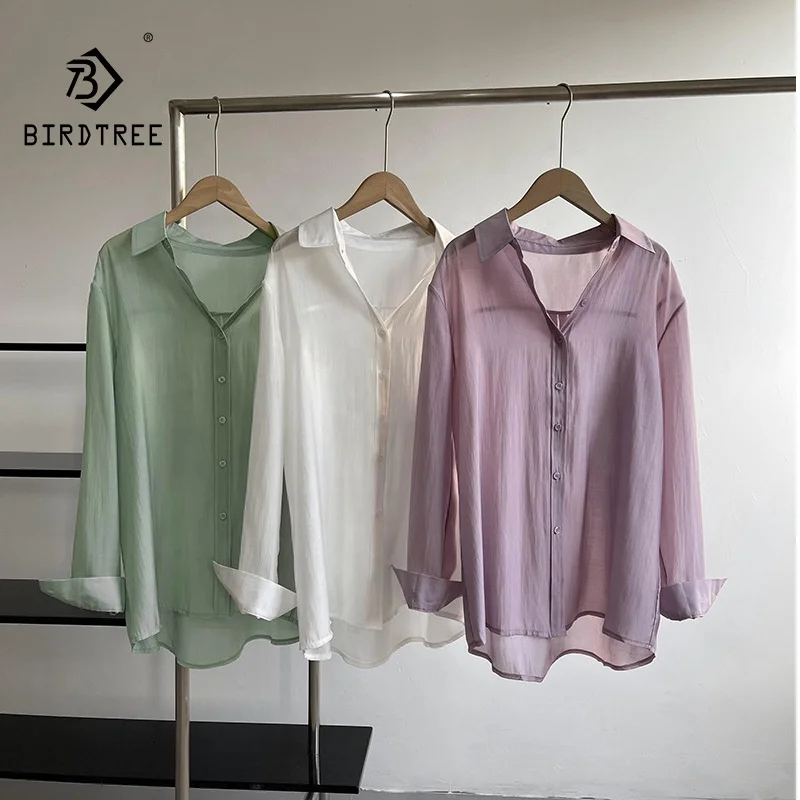 Summer Shirts Women Turn-Down Collar Long Sleeve Casual Blouses Transparent Plain Canday Colors Loose Sunproof Tops WholeT34702C