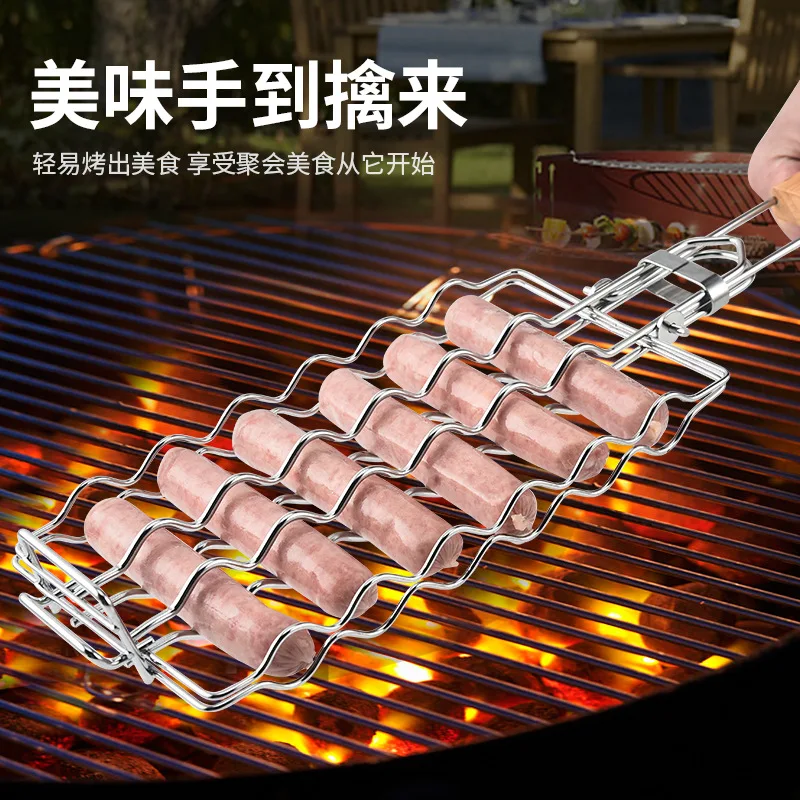 Bbq Accessories Charcoal Bbq Tools Iron Outdoor Wooden Handle Stainless Steel Grill Mesh Sausage Clips Vegetable Bbq Clips