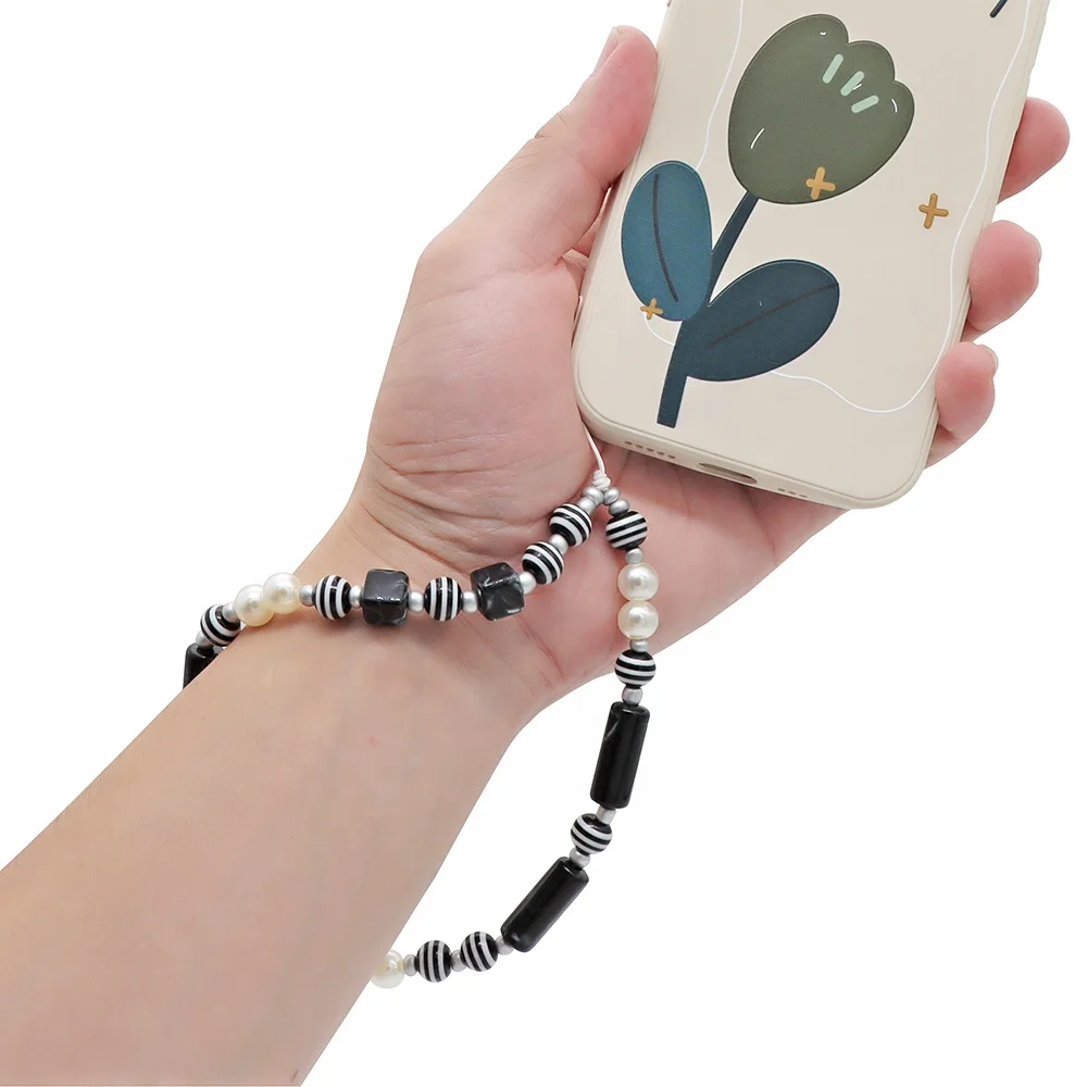 Fashion Design Beads Pearls Diy Beaded Cell Phone Lanyard Strap Luxury Mobile Chain Phone Charm Acrylic