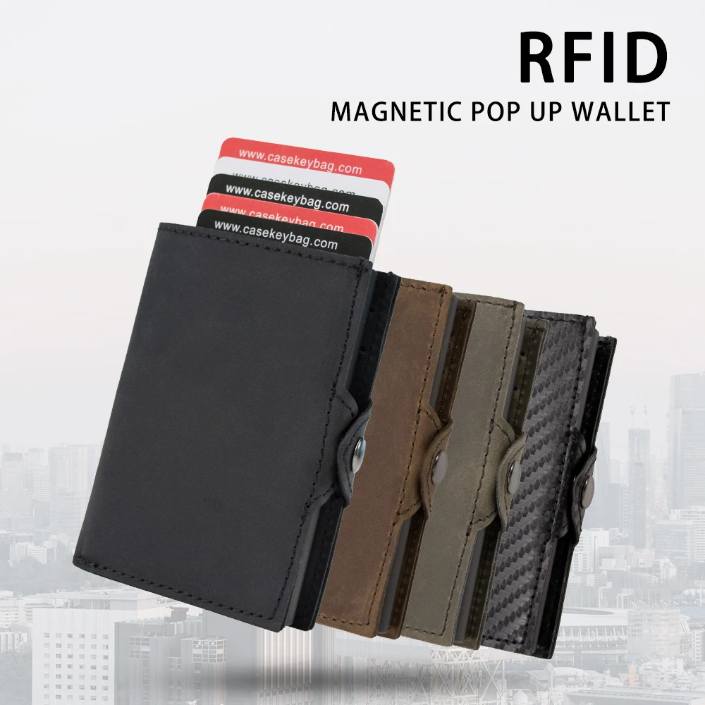 New Product Rfid Genuine Leather Business Smart Credit Card Case Wallet Mini Slim Minimalist Magnetic Pop Up Wallet for Phone