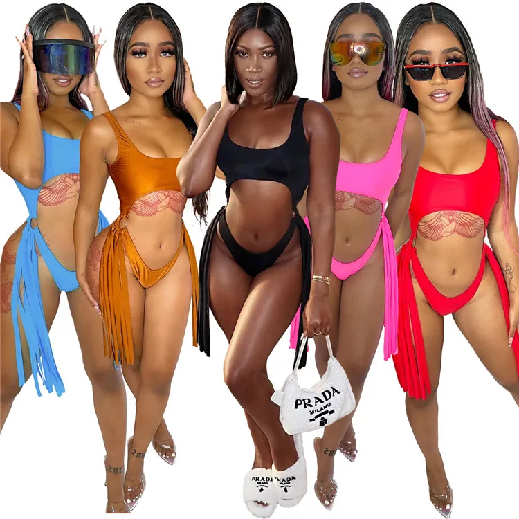 Boutique Ladies Sexy Beach Swimsuit Tassels Solid Bodysuit Summer Women One Piece Swimwear