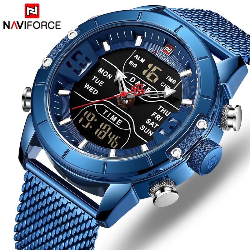 NAVIFORCE NF9153 Western Analog Digital Display Male Quartz Watch Luxe Mesh Strap Week Date Luminous Chronograph Sports Watch