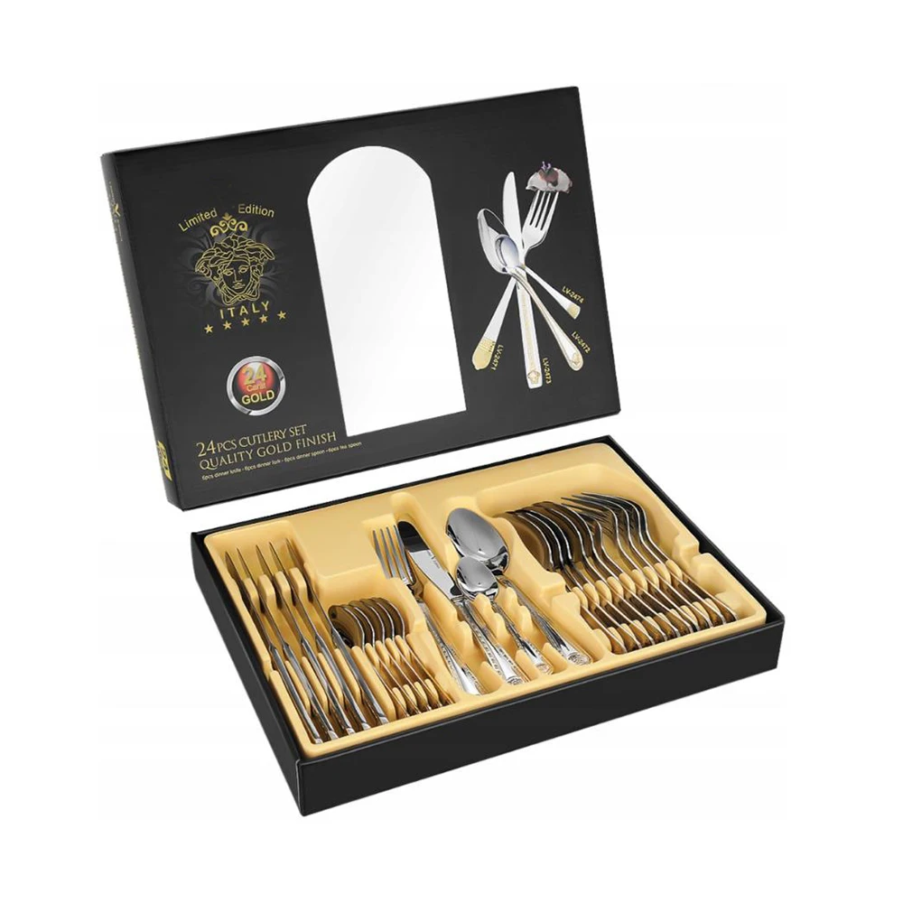 Stainless Steel Bulk Stocked 24 Piece Cutlery Set 24k Luxury Medusa Gold Plated Cutlery 24 Pcs Set with wooden case