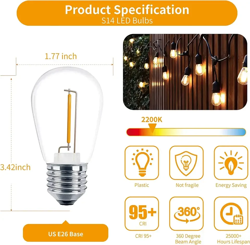Holiday Lighting Garland IP65 15M Commercial Grade LED String Lights S14 LED Edison Filament Bulb Connectable Party String Light