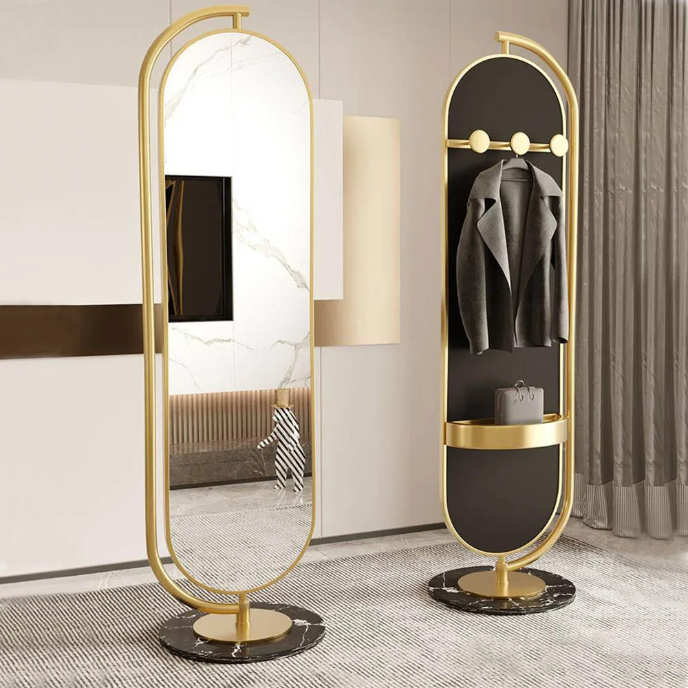 Household Luxury Rotatable Oval Gold Metal Framed Floor Length Standing Mirror With Storage For Bedroom Dressing Room