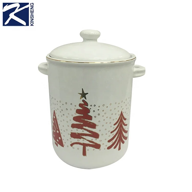Christmas Tree Pattern White Ceramic Kitchen Decorative Candy Storage Cookie Jar With Lid