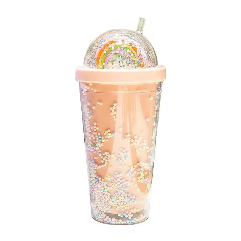 2024 new Reusable Colored Bead Ranibow Water Bottle Girls Plastic Double Wall Tumbler Cup with Lid & Straw