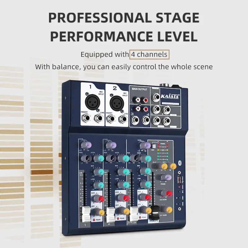 KAIKA F4-USB-5 Factory selling professional audio mixer 4 channels with 48V phantom power stereo output.