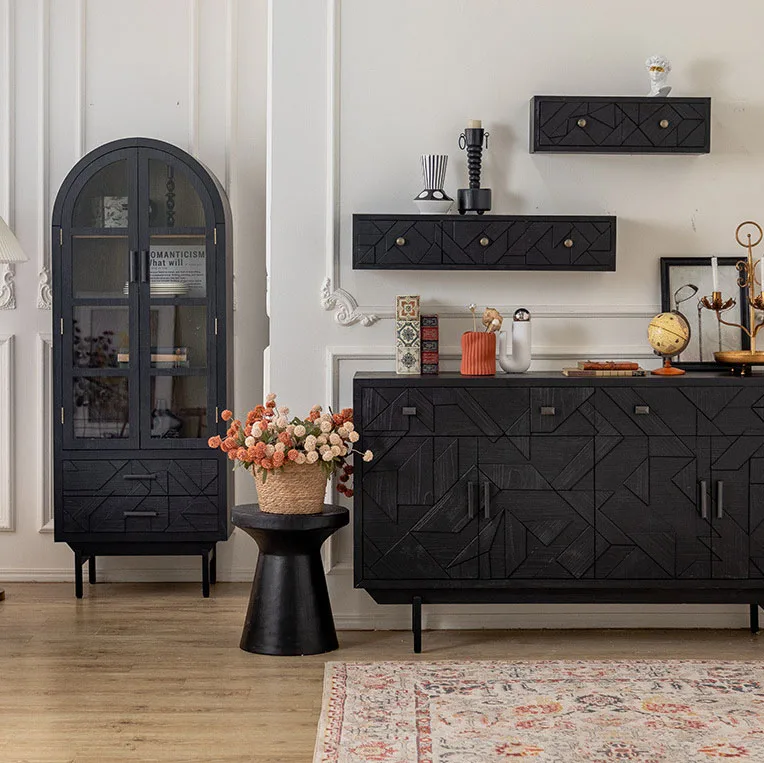 Farmhouse Living Room Cabinets Buffet Sideboard Vintage Wooden Storage Cabinet with Drawers Arched Black Kitchen Cabinet