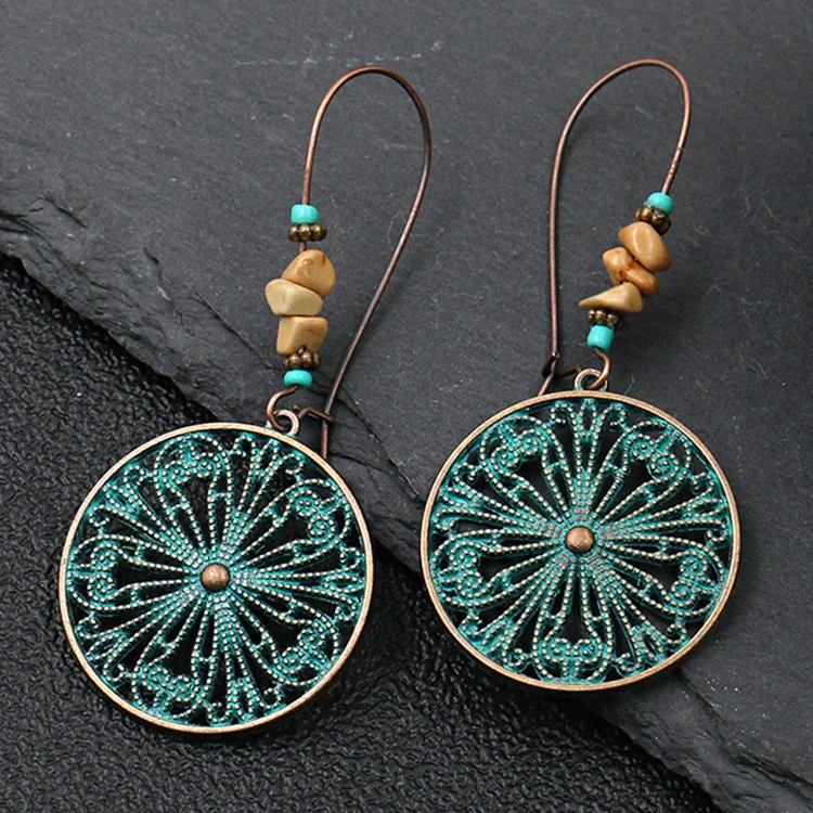 Baroque Retro Ethnic Style Antique Bronze Plated Patina Green Hollow Out Flower Butterfly Pendant Women Bohemian Earrings