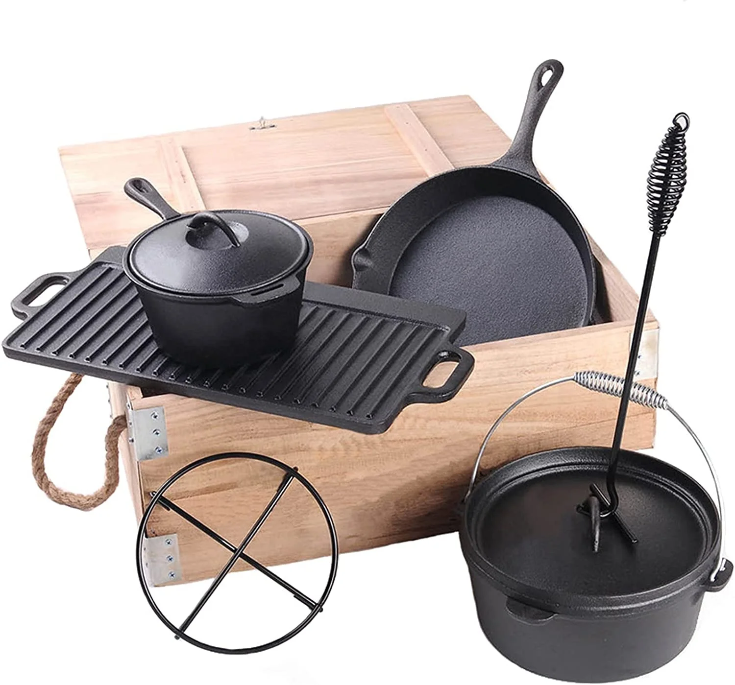 outdoor camping non stick cookware set 7 piece heavy duty cast iron pots and pans set