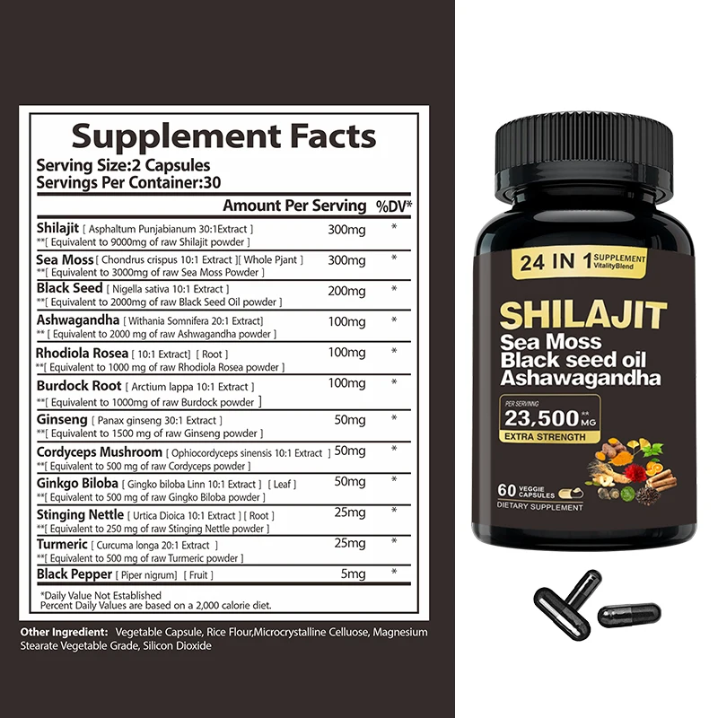 private label All in 1 Supplement Shilajit Fulvic Minerals Sea Moss Ashwagandha Tongkat Ali Boron Fulvic Acid Capsules For Men