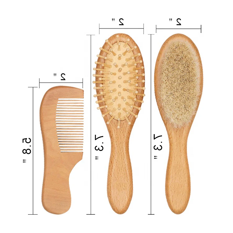 Wholesale Mini Professional Massage Natural Goat Round Baby Kids Wooden 3Pcs Hair Comb and Brush Set