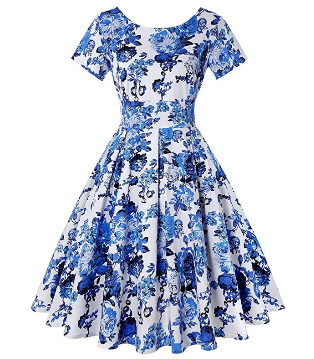 Hot Sale Custom Summer Women Retro Vintage Floral Print Short Sleeve Boat Neck Swing Casual Dress