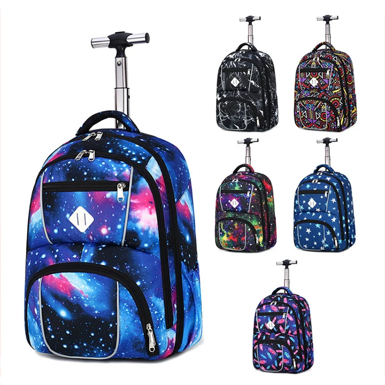 New fashional waterproof galaxy printed rolling travel backpack wheeled girls trolley school bags for teenagers