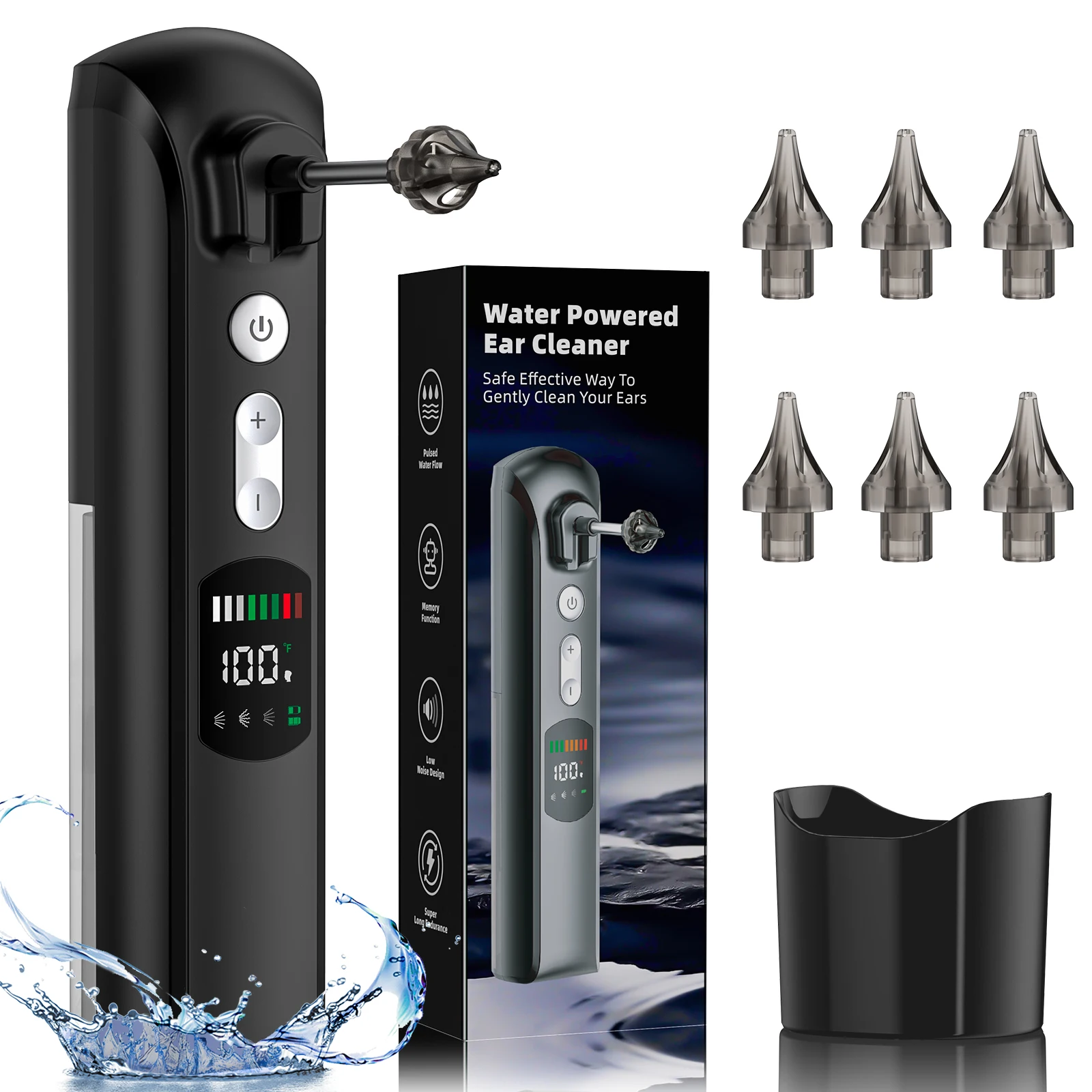 Ear Wax Removal Tool Water Powered Wash Electric Ear Cleaning Kit with 6 Tips Waterproof Type-C Rechargeable Safe & Effective