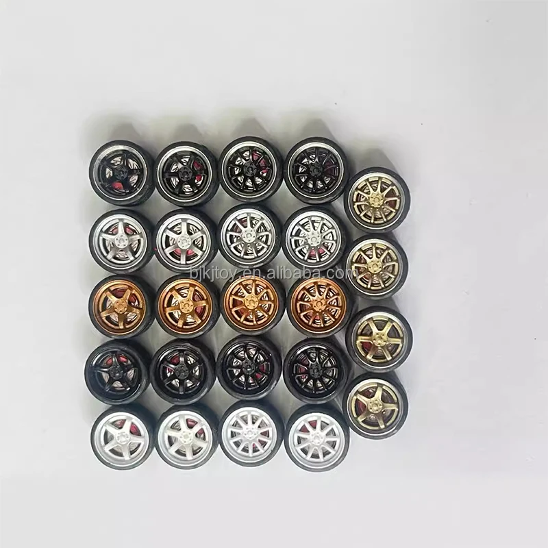 1/64 Bearing Version Alloy Wheels Tires Hobby Car Models With Rubber Tires Brake Disc Assembly Rims Modified Parts For Model Car