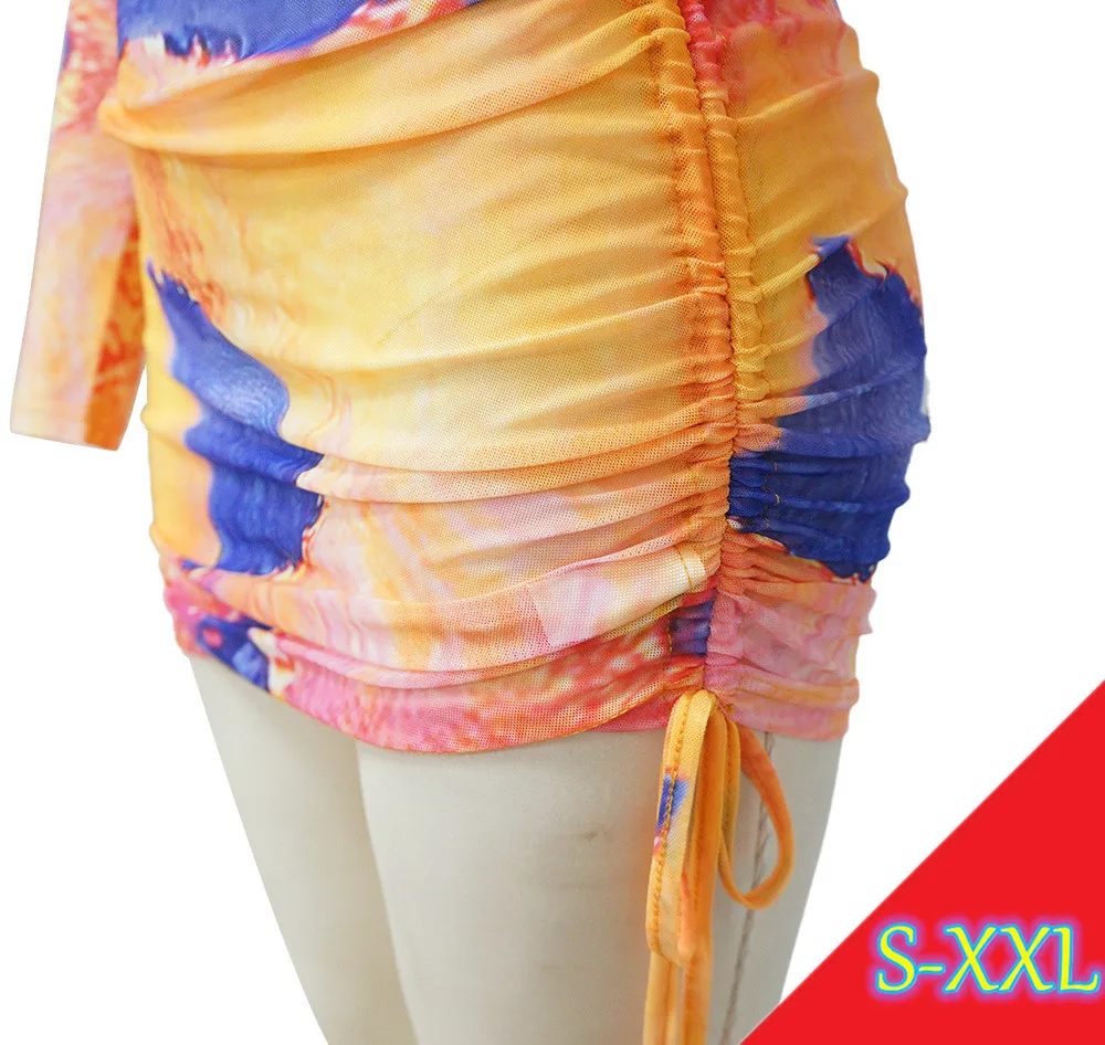 MISS Q K9986 Fall 2021 women clothes Explosive new casual dresses tie dye printed round neck drawstring dress womens dresses