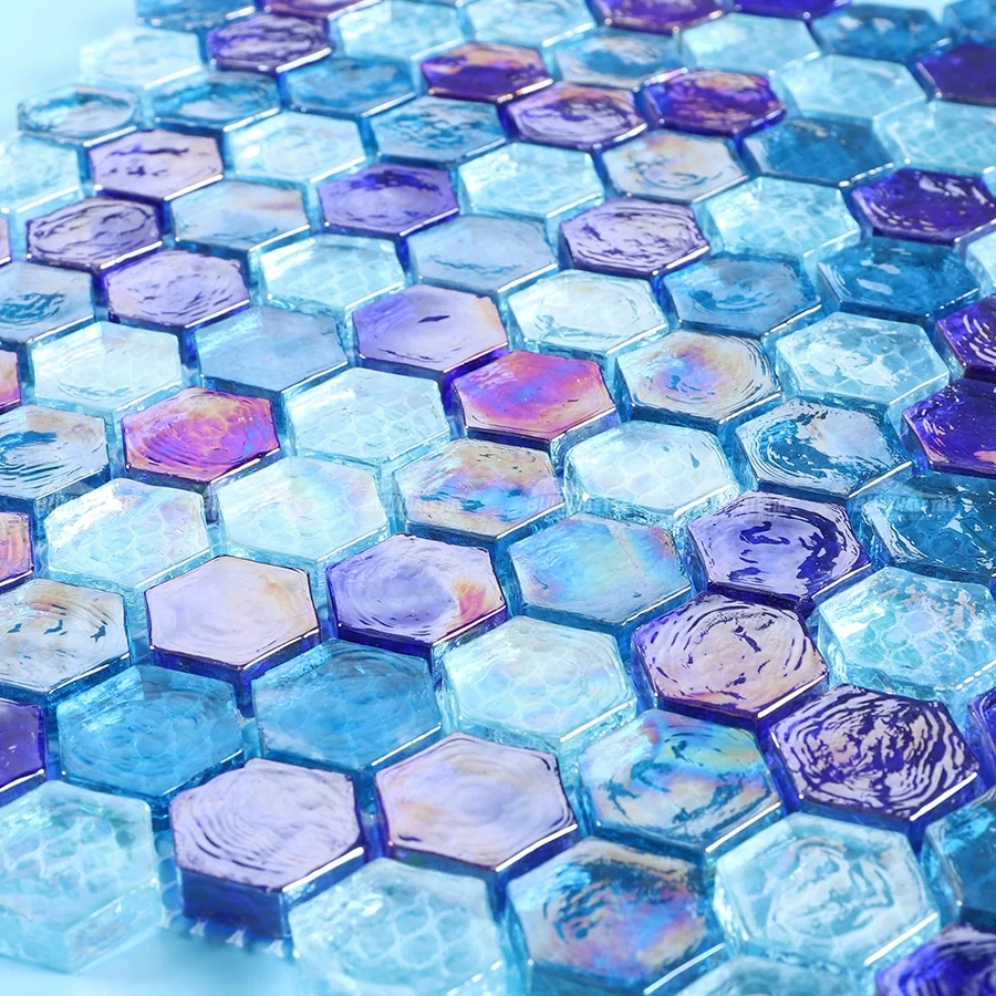 Wave Surface Shiny Iridescent Fantasy Change Color Blue Mixed Hexagon Mosaic Glass Tile For Swimming Pool Bathroom Shower