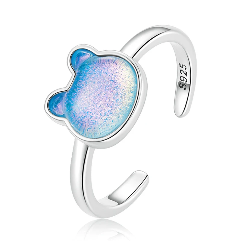 Lovely shiny Aurora bear 925 sterling silver simple magic gem cute animal opening adjustable ring jewelry gift