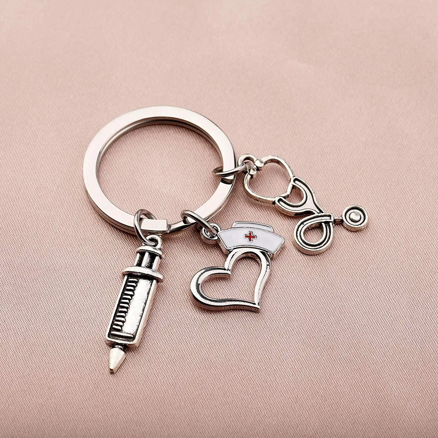 Peach Heart Shaped medical nurse metal keychain