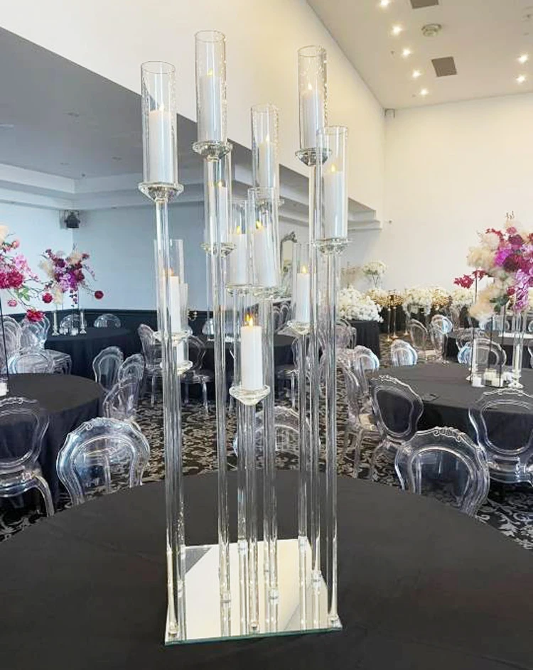 Wedding Centerpiece Clear Crystal Cluster Round Candelabra Glass Tube Candle Holder 10 Arms