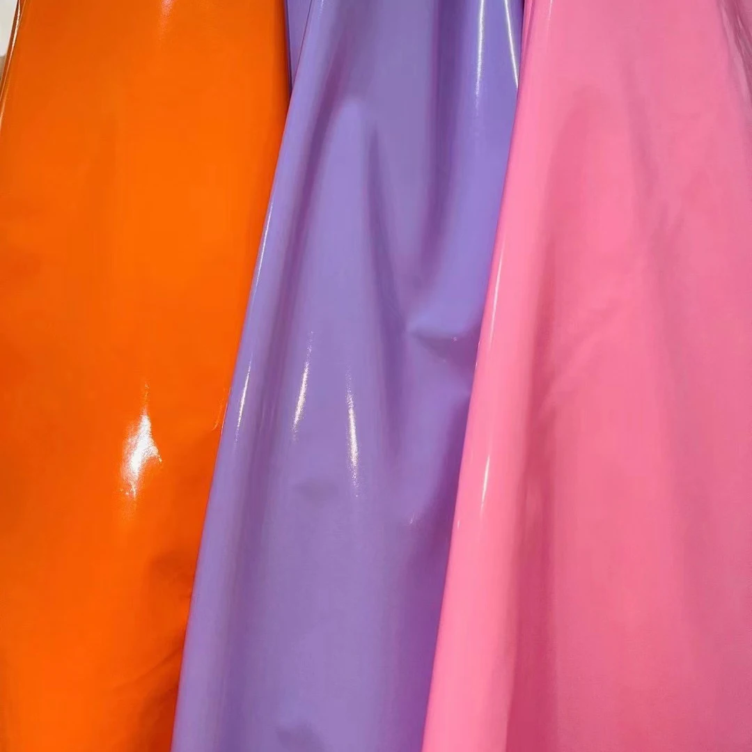 high quality in stock high light shiny PU glossy coating polyester fabric waterproof downproof material for bags jacket