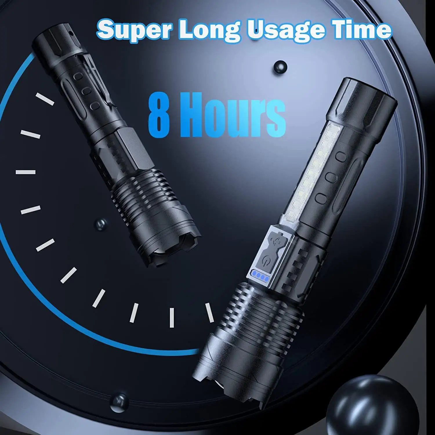 High Power Zoomable Flashlight 1000 Lumens Rechargeable Hand Torch with Side LED Work Lights