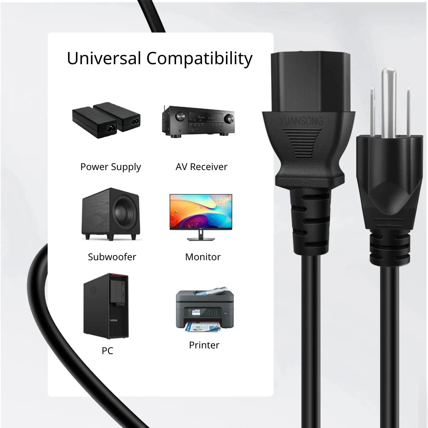 Power Cord Compatible Samsung TV Speaker 6ft 3 Prong Universal Power Cable Replacement