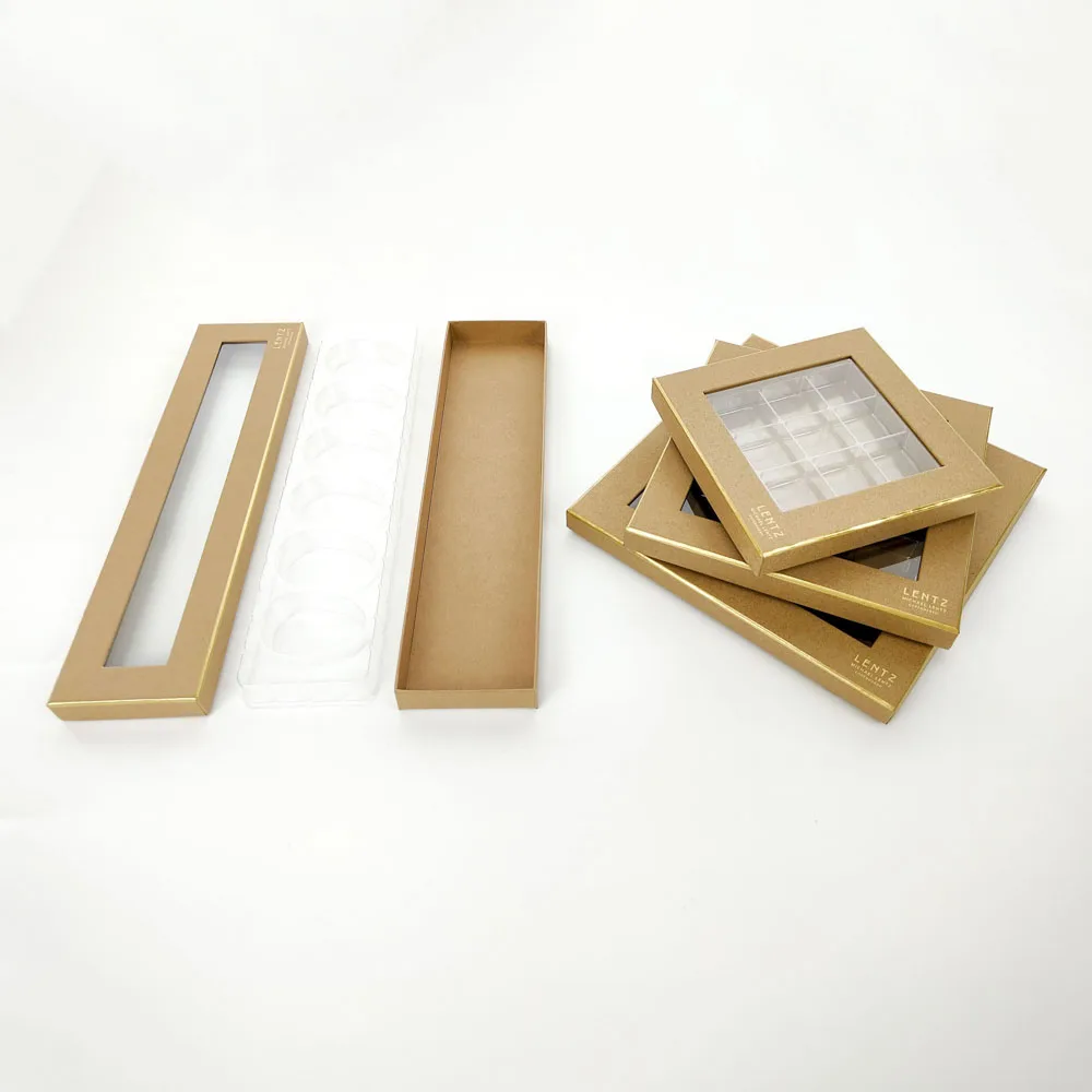 Large Food Contact 25 Pieces Clear Lid Kraft Paper Folding Display Box For Chocolate Tablets