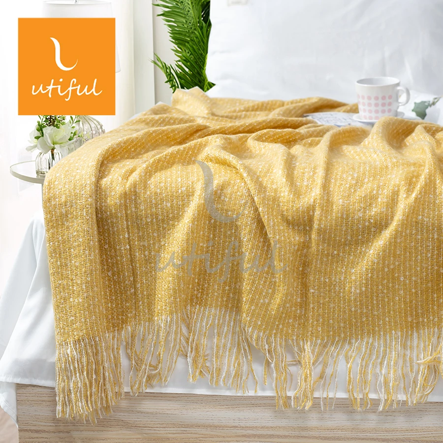 Warm stripe dots melange woven acrylic mohair throw blanket with tassels