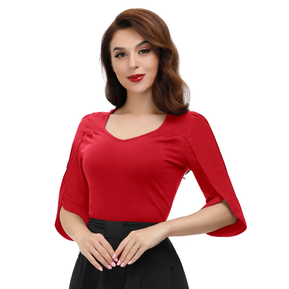BPE02196 BP Women Petal Sleeves T-Shirt Cotton 3/4 Sleeve Sweetheart V-Neck Tops