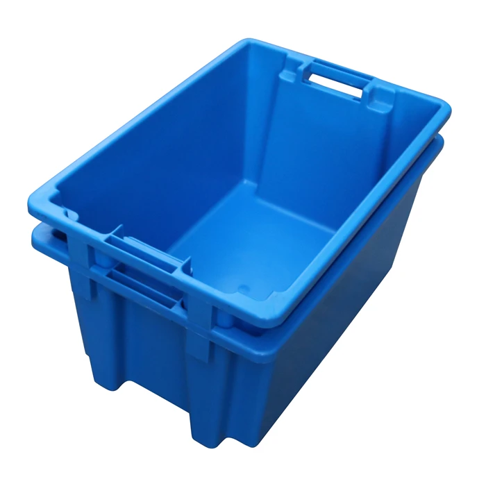 QS 80L Plastic Attached Lid Container With Hinged Lid Plastic Moving Tote Boxes For Moving Company Nestable Moving Crate