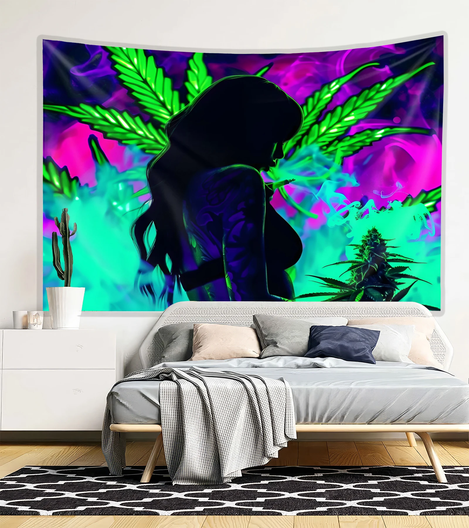 Cool Girl Fluorescent Tapestry Custom Design Animal Pattern Wall Art for Living Room Woven Printed Techniques Anime Feature