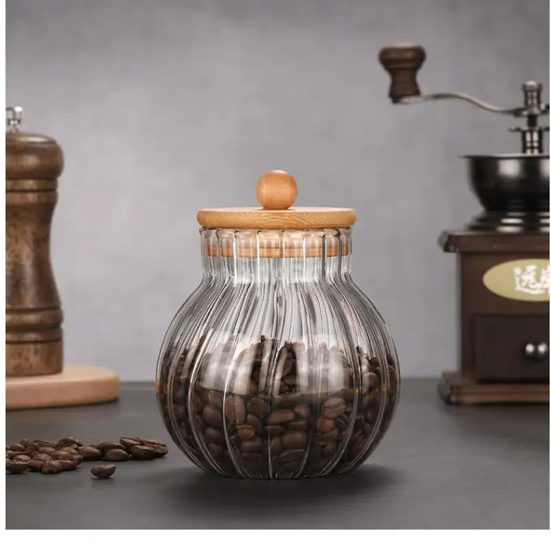 Factory direct Japanese pumpkin shape striped kitchen high borosilicate glass bamboo lid sealed storage jar