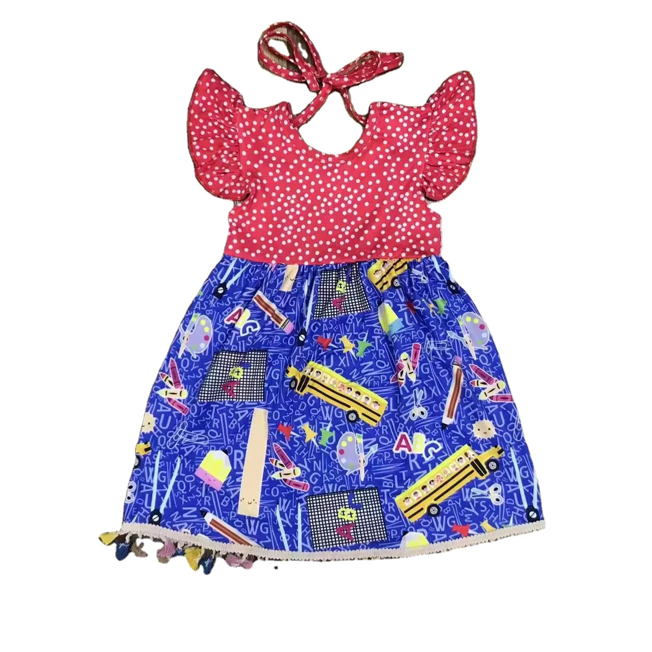 Hot-sale dot back to school bus printing popular European and American style fashion little flying sleeve dress