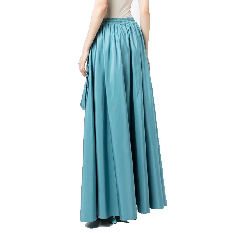 Polyester high waist tooling skirt drawstring waist edge multiple pockets decorated front slit fashion elegant extra long skirt