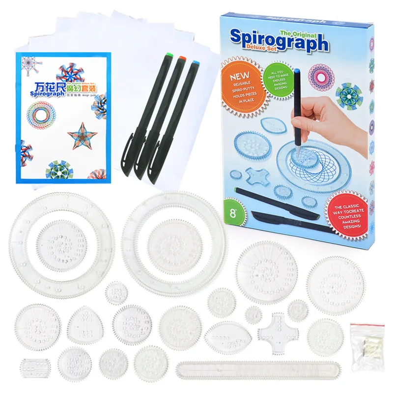 2023 Deluxe Spirograph Set Unisex Design Tin Interlocking Gears Wheels Educational Drawing New Spiral Flower Shape Paper Plastic