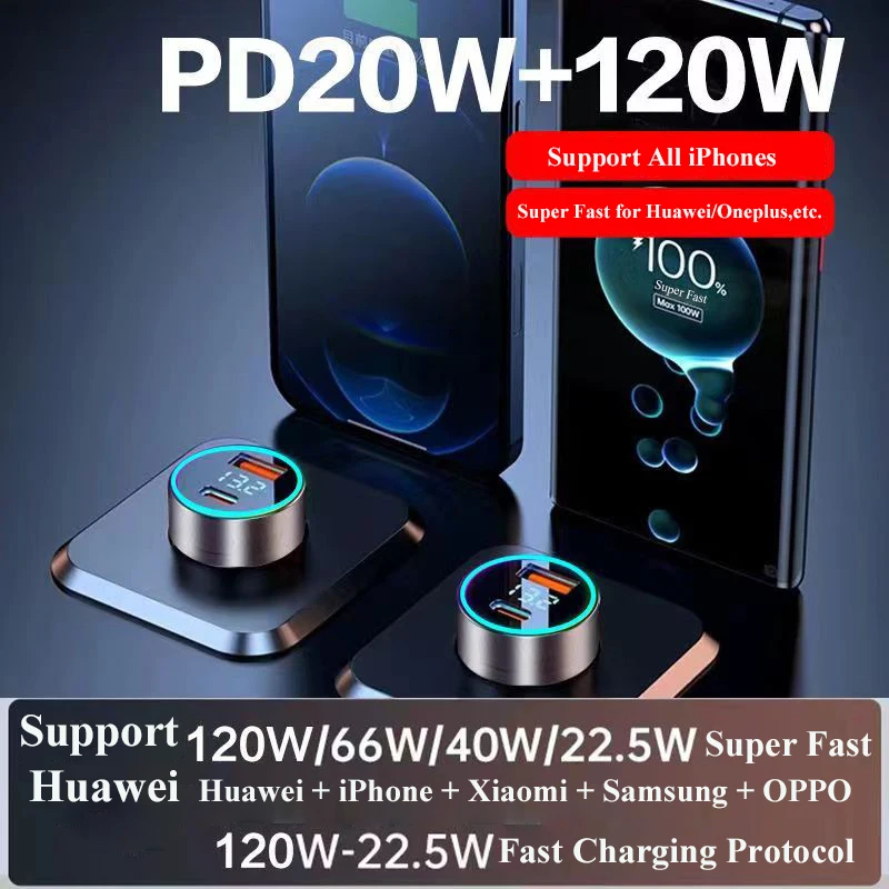 Original 120W Car Charger Adapter Fast Charging PD Usb C 20W Dual Port With Voltage Monitor Trending Products 2022 New Arrivals