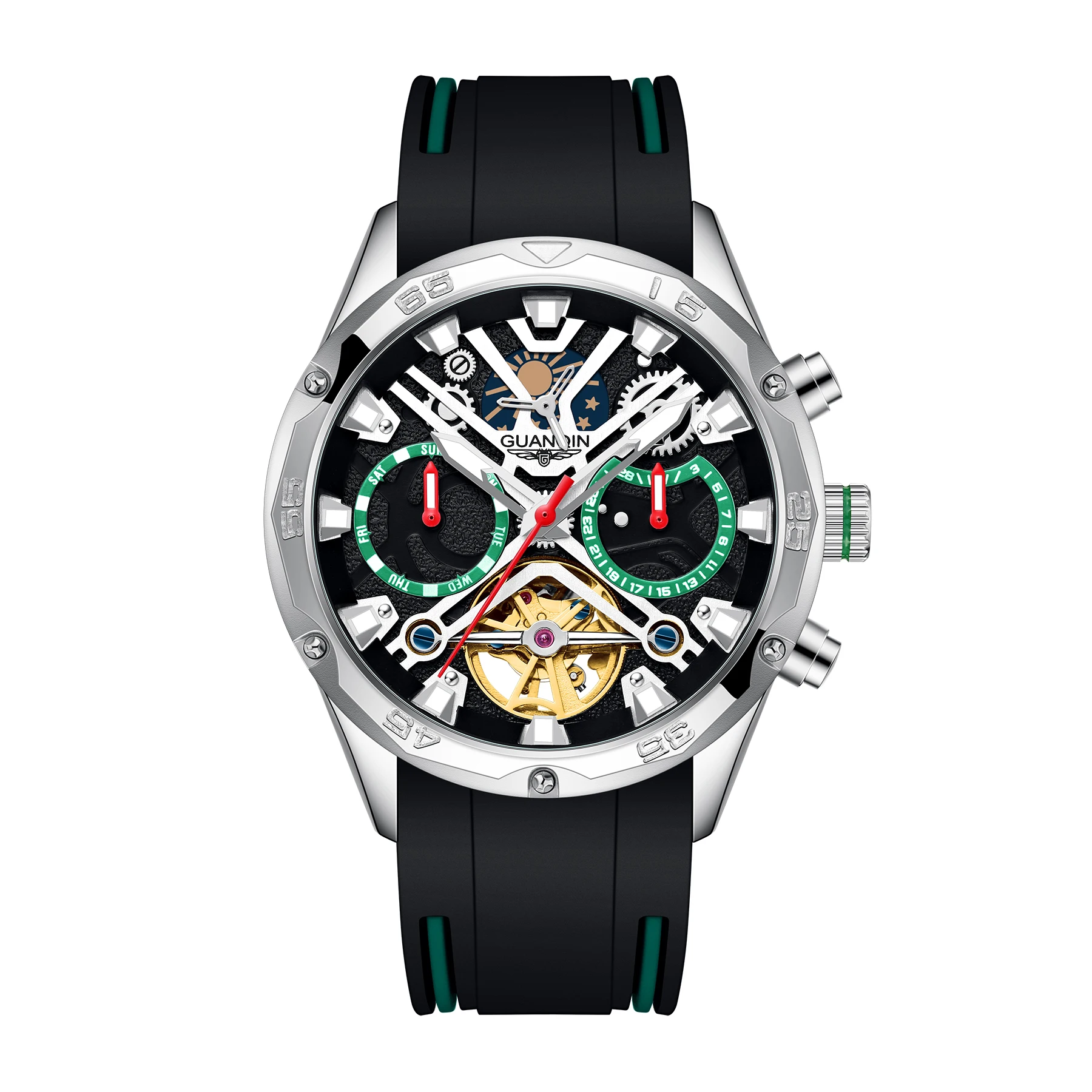 GuanQin customise mechanical watch luxury 316L stainless steel date week automatic wristwatch