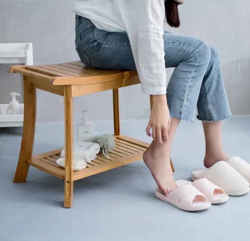 Bamboo Shower Bench and Foot Stool Set for Inside Shower - Wooden Bath Chair Waterproof Bathroom Seat with Storage Shelf