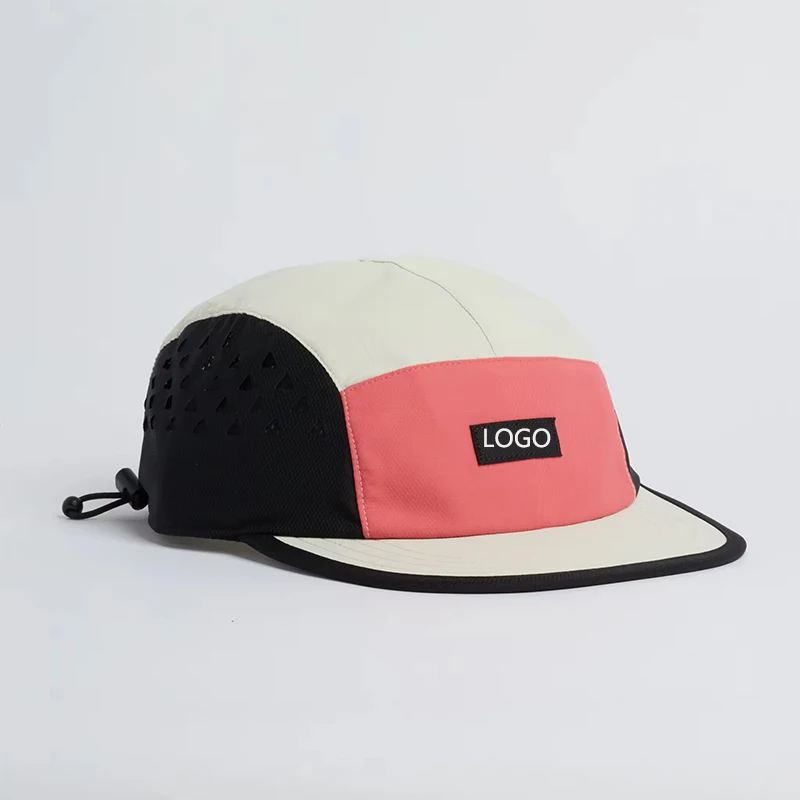 Custom Polyester/Nylon Waterproof Perforated Running Hats Laser Cut Hole Mesh Sports Caps Duckbill 5 Panel Camp Cap