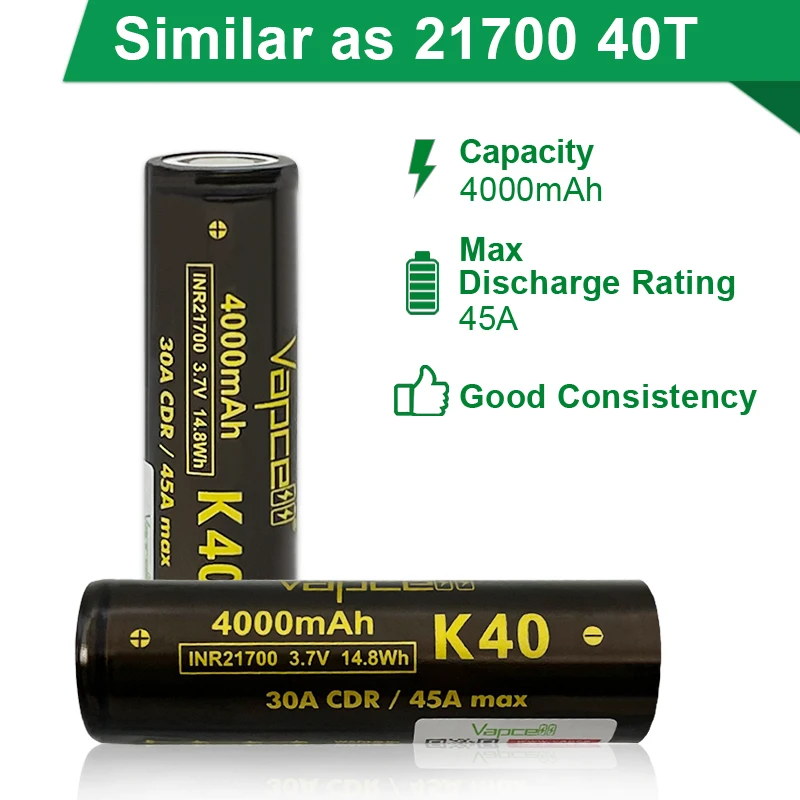 Хорошая консистенция Vapcell K40 4000 мА/ч 30A/45A 21700 перезаряжаемый литий-ионный аккумулятор батарея коричневый производительность схожий с термопластичным каучуком 40т/P42A