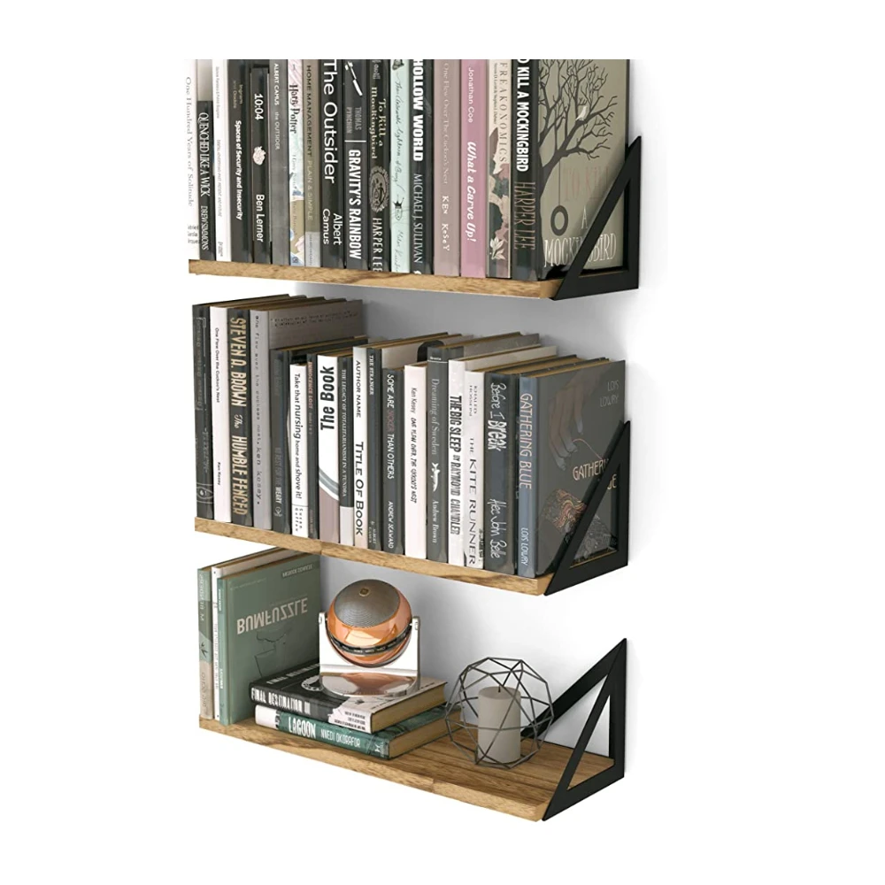 Floating Shelves Set of 3 Small Bookshelf Unit for Room Natural Burned Rustic Wood Wall Decor with Metal Floating Shelf Bracket