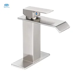 Modern Commercial Short Brushed Nickel One Handle Basin Mixer Tap Single Hole Deck Mount Waterfall Spout Bathroom Sink Faucet