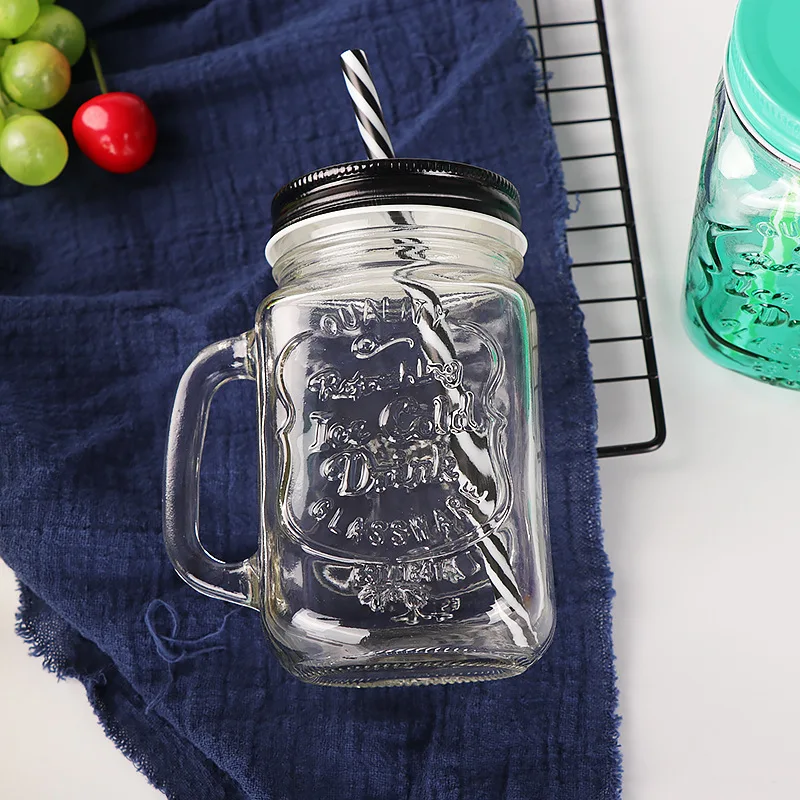 high quality colorful square 16oz glass mason jar with handles wholesale480ml juice mason jar with straw