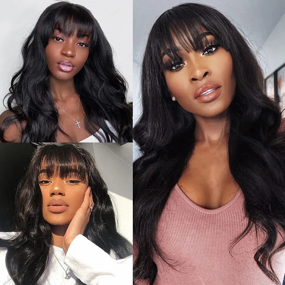 Vigorous Long Black Wig with Bangs for Women Synthetic Glueless Heat Resistant Wave Black Silky Black Hair Wig 26 inch