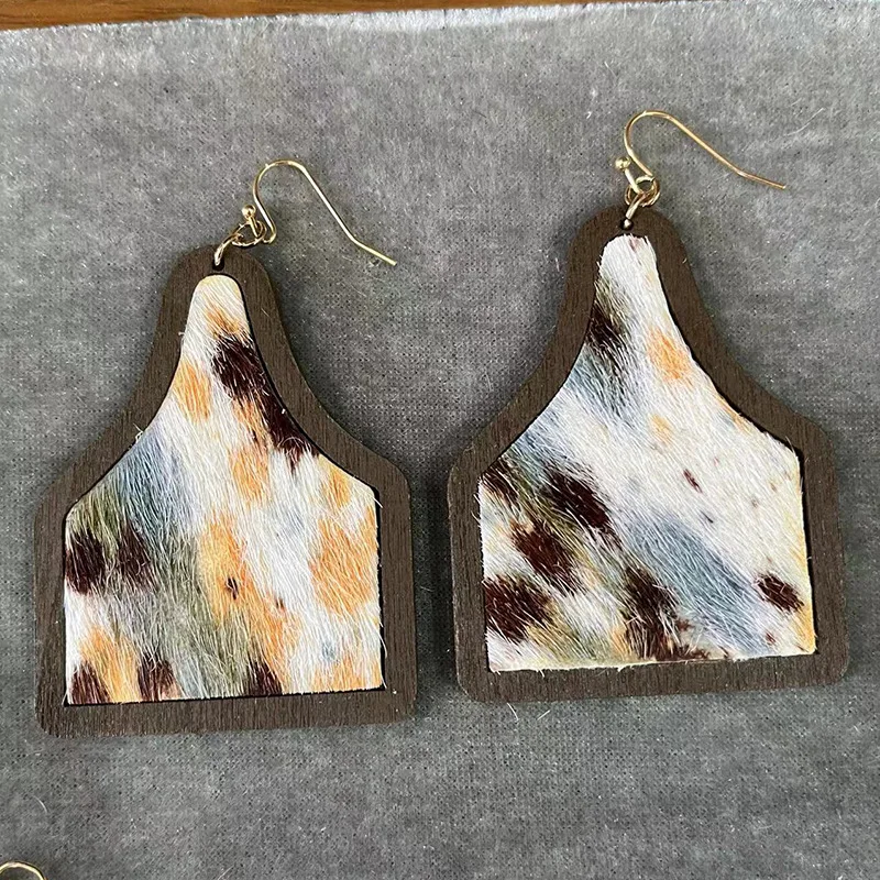 New horse hair leather cow print leopard print splice wood earrings creative gift for women