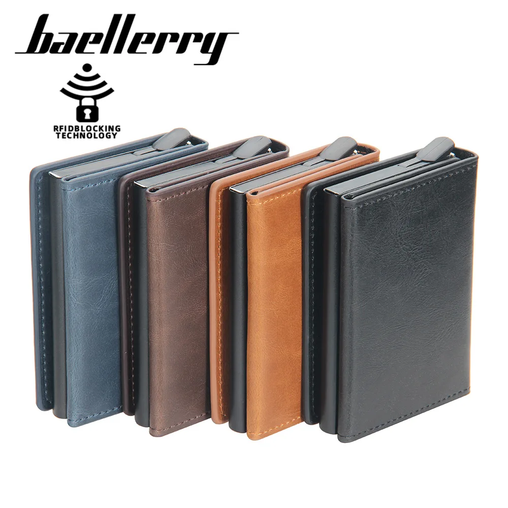 Baellerry Slim PU Leather Small Pop Up Wallet Vintage RFID Blocking Anti Theft Purse Automatic Aluminum Metal Credit Card Holder
