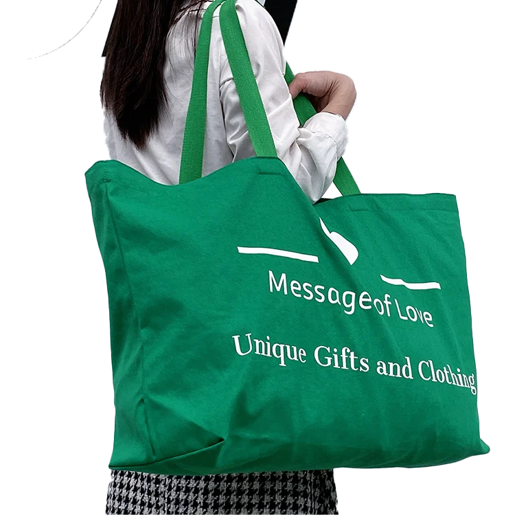 hot selling green heart shapecustom grocery extra large store  tote bags with custom printed logo reusable shopping bags